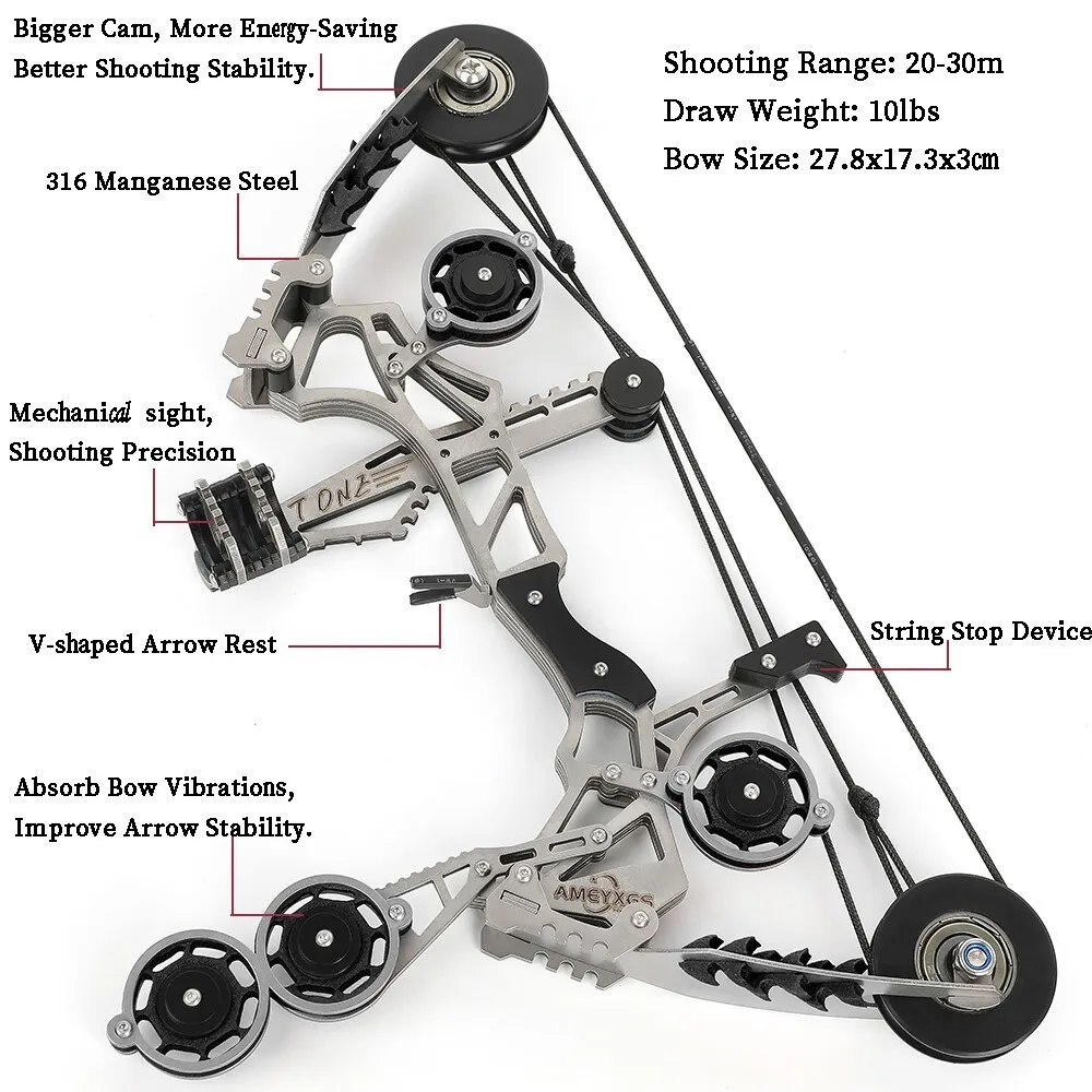 Mini Compound Bow Adjustable Draw Weight 10-32lbs 11-inch High-Elastic Steel Limbs Stainless Steel Handle with 4/8pcs Arrows Portable Pocket Bow for Beginners Target Shooting Outdoor Practice Decompression Game Archery Accessories