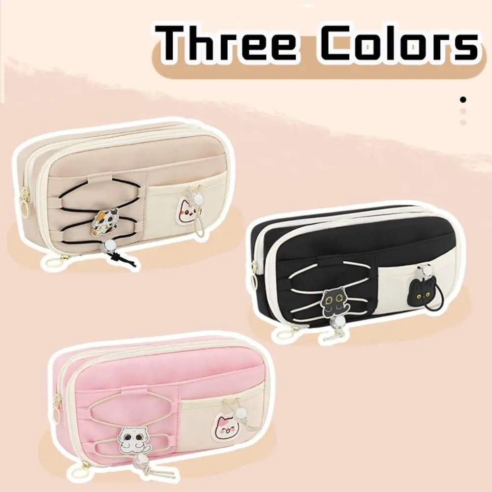 Black Cat Pen Bag Multi-layer Drawstring Design Pencil Case Partition Storage Large Capacity Stationery Organizer Back To School