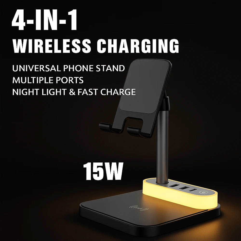 

Беспроводная зарядка 4-в-1, универсальная ночная лампа с быстрой зарядкой 15 Вт, многопортовая подставка для мобильного планшета, беспроводное зарядное устройство с входом USB/C.