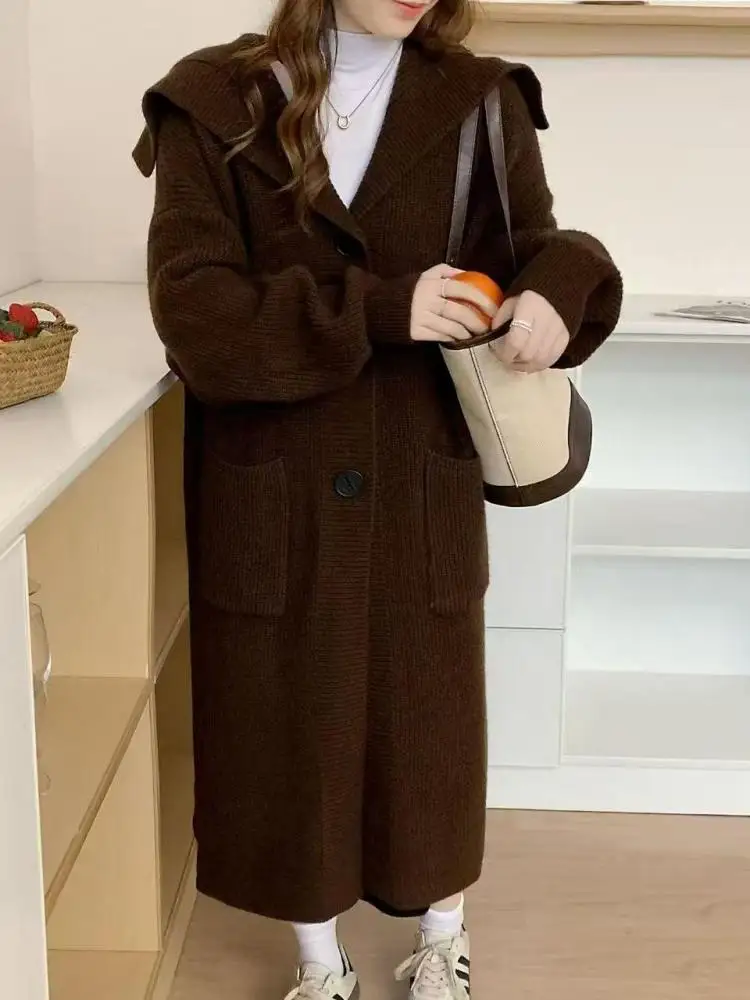 

Korean Fashion Women Solid Single Breasted Hooded Sweater Long Coat Autumn Winter Temperament Cardigan Knitted Tops Simplicity