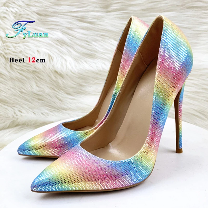 2024 Shiny Sequined Cloth Rainbow Colorful Women Pumps High Heels Mixed Colors Ladies Shoes 8cm 10cm 12CM Shallow Party Stiletto