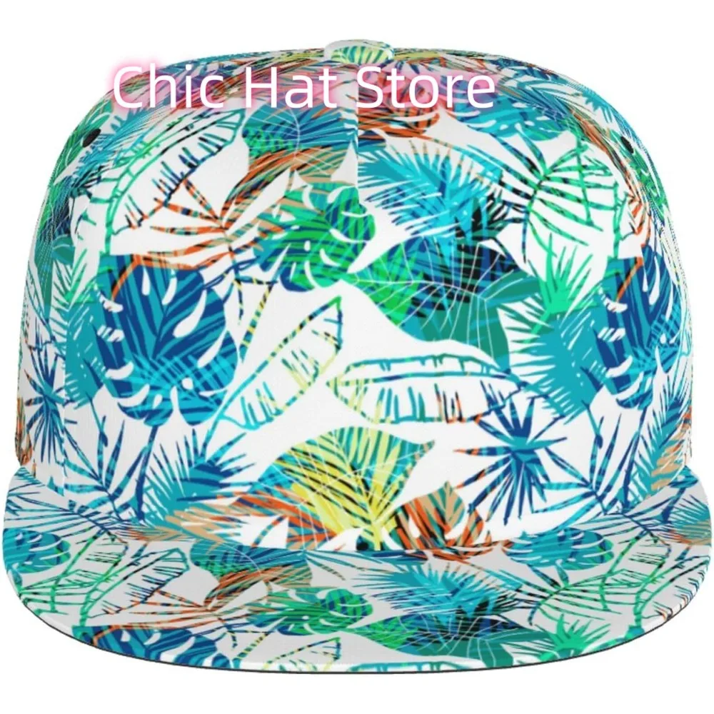 Tropical Leaves Snapback Hat for Women Men Hip Hop Style Cotton Adjustable Baseball Cap Flat Bill Trucker Hat for Outdoor Hiking