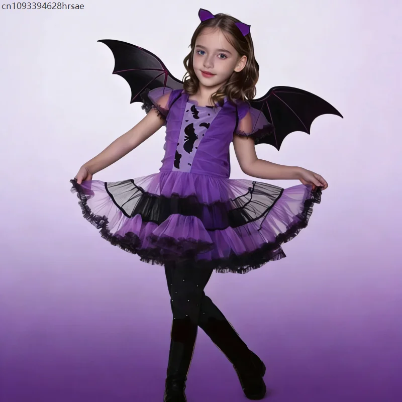 

Mädchen Purple Bat Dress enfant Fancy Cosplay Vampire Demon Costume With Wing Headwear Carnival Witch Role Playing Clothes