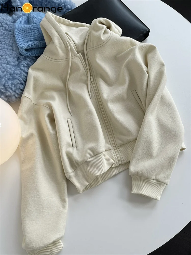 HanOrange 2024 Autumn Casual Lazy Plush Hoodie Women Zipper Loose Warm Hooded Top Off White/Black Gray