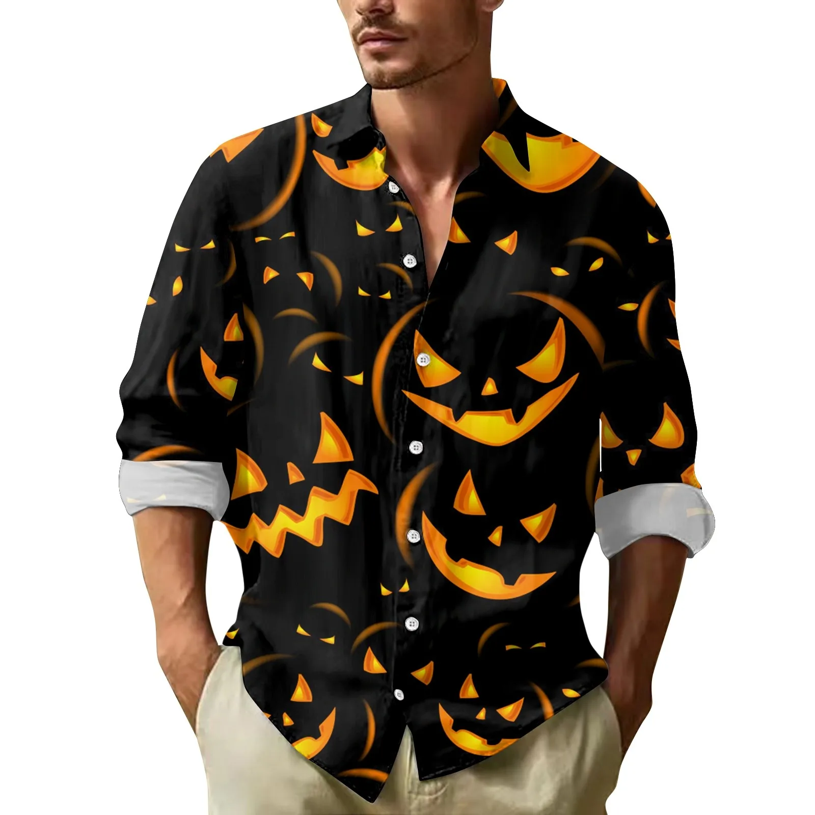 Men\'s Halloween Prints shirt Button Long Sleeve lapel Shirts Casual Fashion Versatile Basic Shirts top Blouse Men\'s Clothing