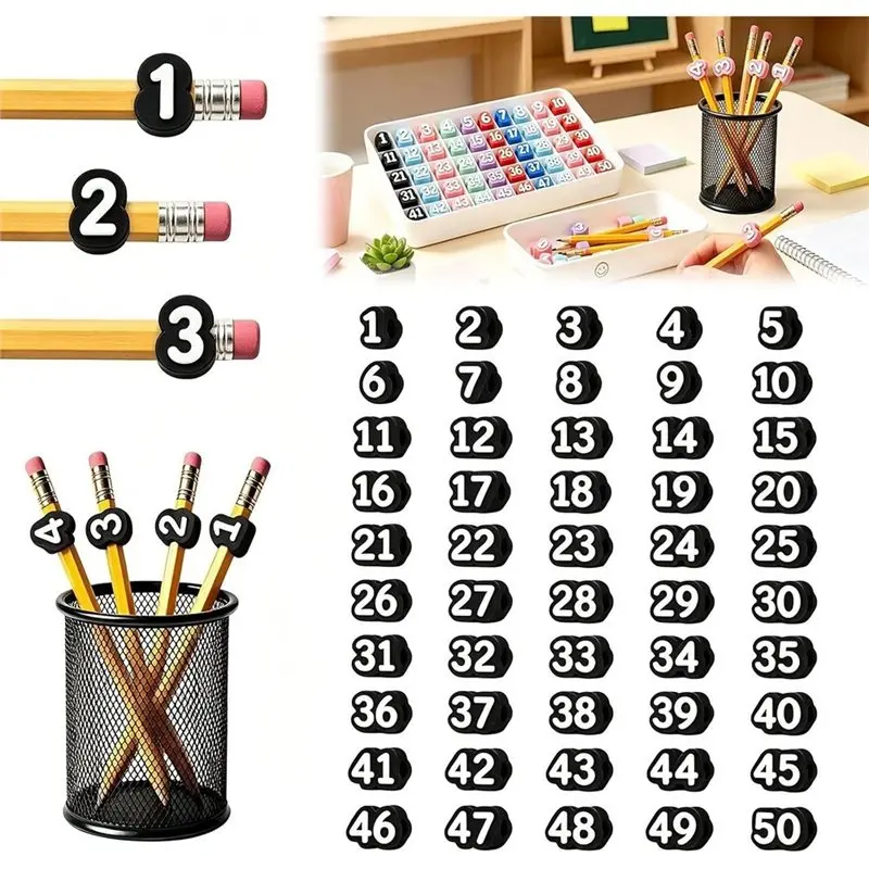 【TODAY-BUY】Reusable Classroom Labels And Identifiers(50 PCS), Numbered Pencil Toppers, Cute 3D Pencil Charms For Teachers Studen