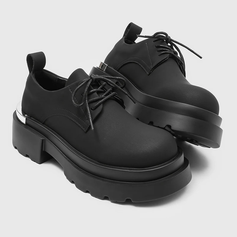 Men Derby Shoes Black Retro British Style Casual Lace up Thick Bottom Durable Fashion Big Head Leather Shoes Commuter Shoes