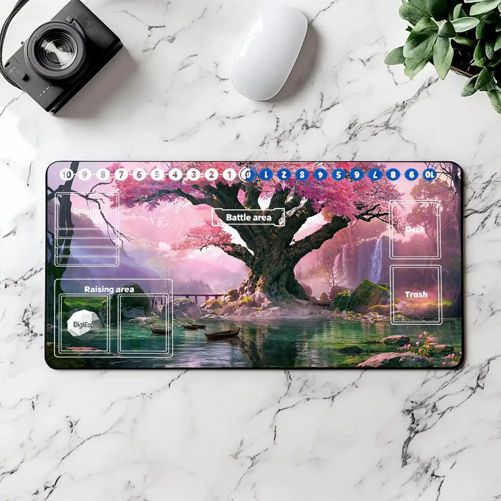 Fantasy Pink Cherry Blossom Giant Tree Digimon TCG Playmat With Full Printed Zones Non-Slip Rubber Table Mat Digimon Card Game