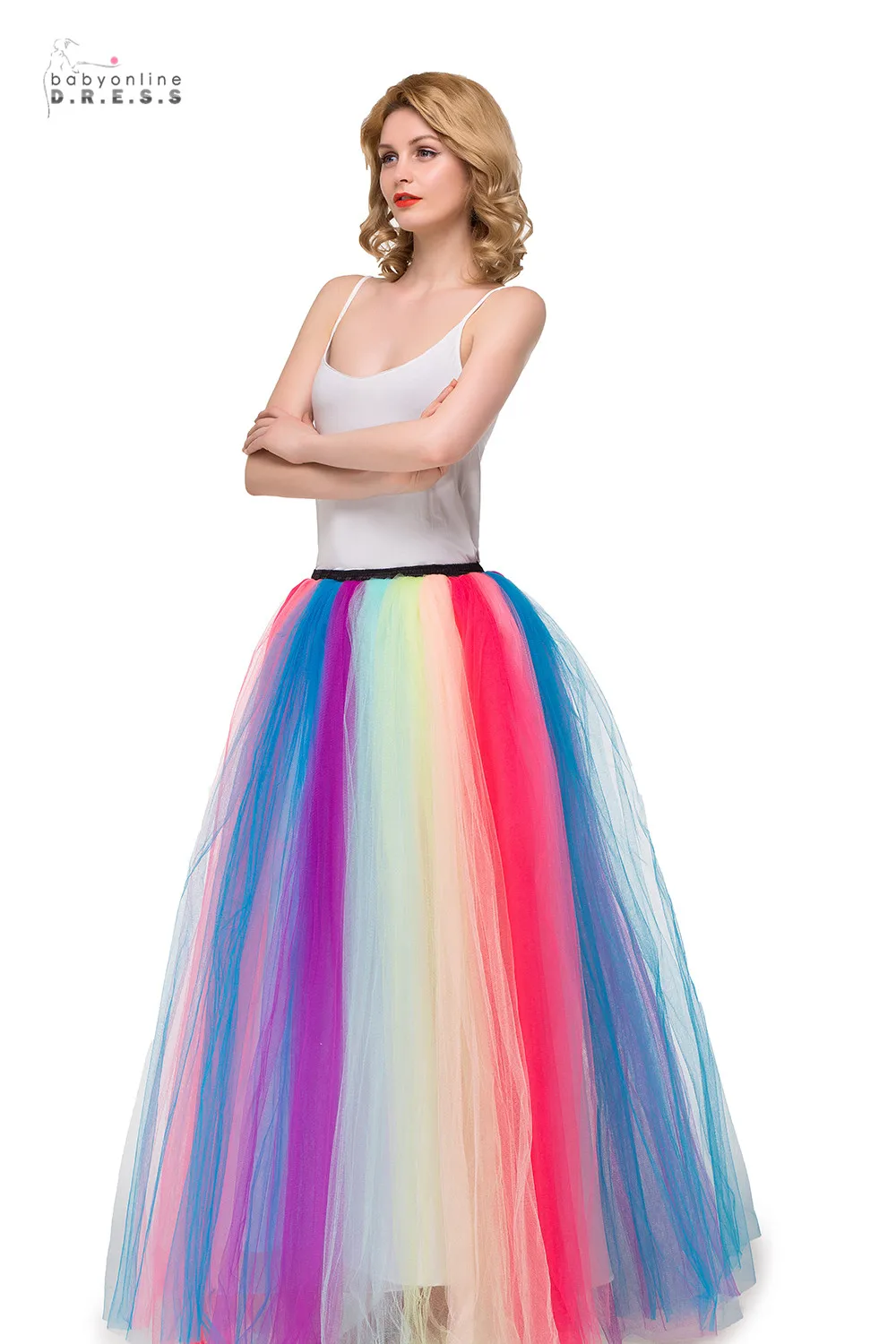 

Women's A Line Rainbow Pleated Long Maxi Tutu Tulle Party Skirts Vintage 6 Layers Elastic High Waist Long Party Beach Dresses