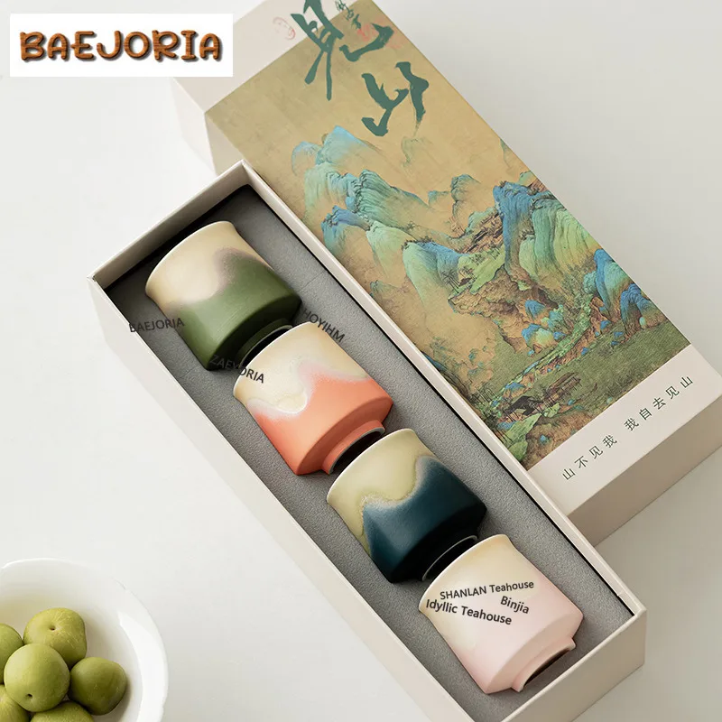 BAEJORIA 4pc/lot Zen View Mountains Ceramic Tea Cup Large Capacity Coffee Mug Set Master Cup Kung Fu Teaware Gift Box Set 130ML