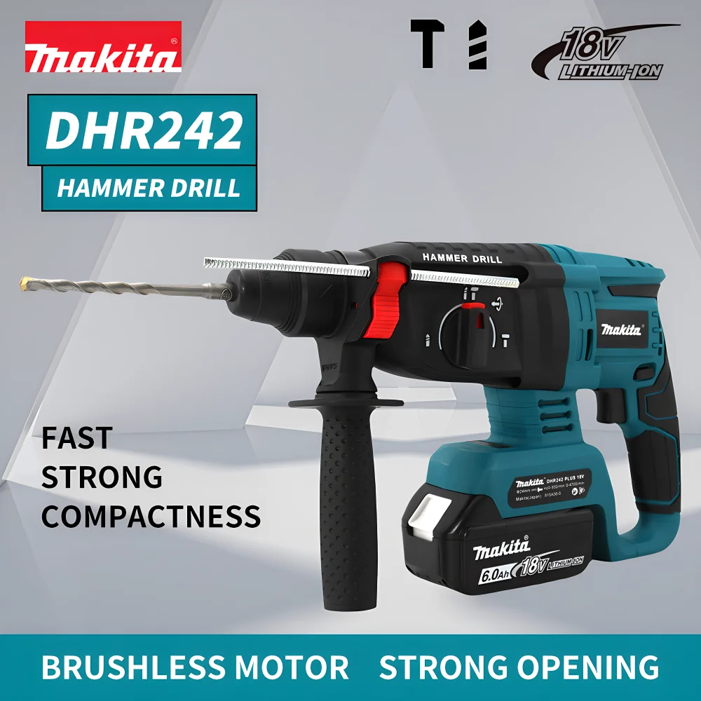 Makita마끼다 DHR242 18V lithium battery Brushless 24mm Rotary Hammer drill Impact Hammer BareMotor Tool 1800rpm rechargeable전동드릴 공구