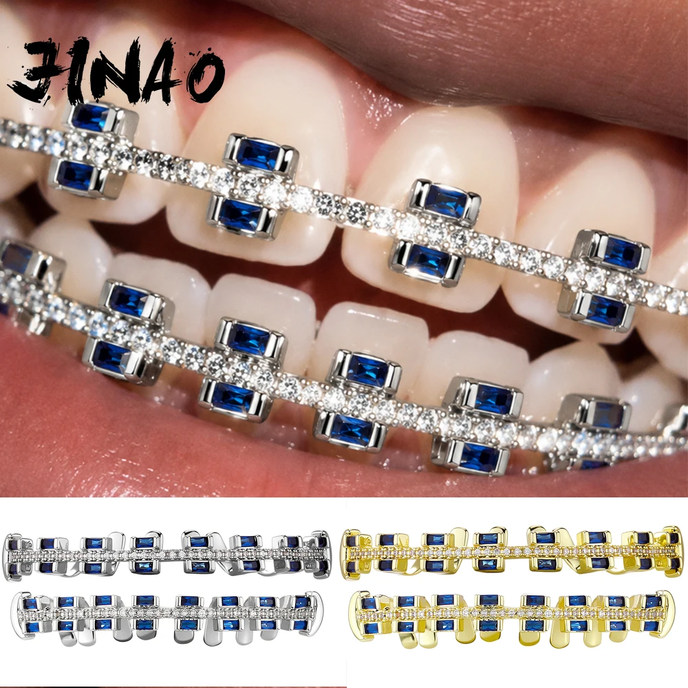 JINAO Hip Hop Iced Blue Baguette CZ Stone 8 Teeth Rob Grillz Set Men Women Top & Bottom Shiny Square Grill Punk Rapper Gift