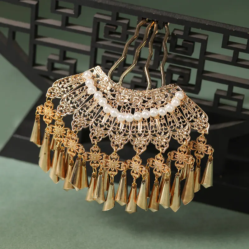 Chinese Tang Dynasty Vintage Tassel Hair Comb Faux Pearl Detail Dunhuang Style Hair Pin Hanfu Headdress For Traditional Costume