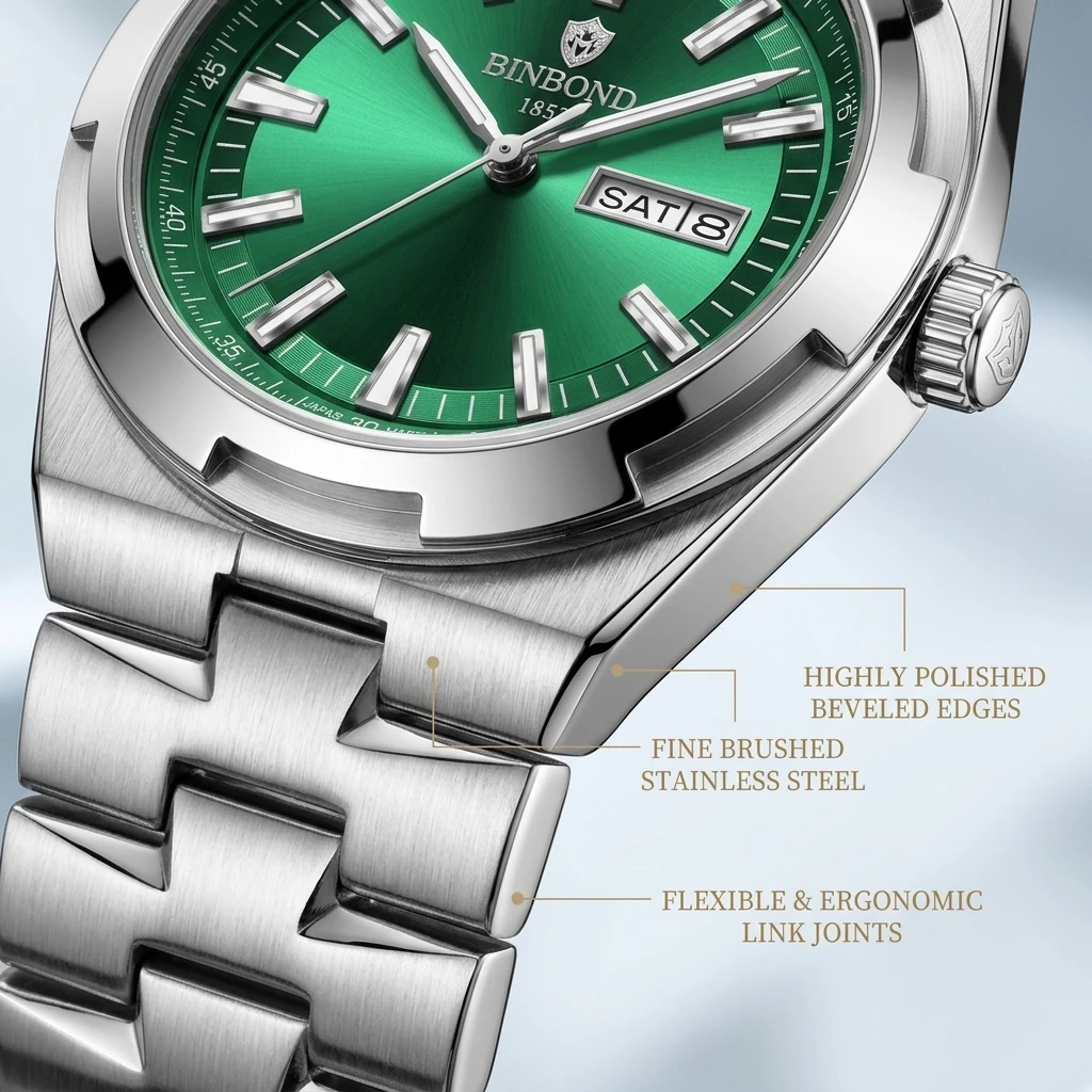 1pcs Hot Fashion Simple Men's Watch Silver Metal Strap Green Dial Day Date Display Business Casual Versatile