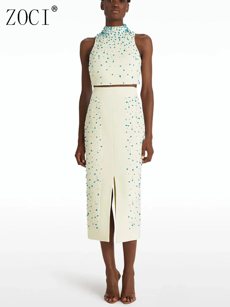 

ZOCI Women's Skirts 2pcs Sets Nail Beading Vests Unique Design Female Waistcoats Silt Long Skirts Runway Look 2025 Spring New