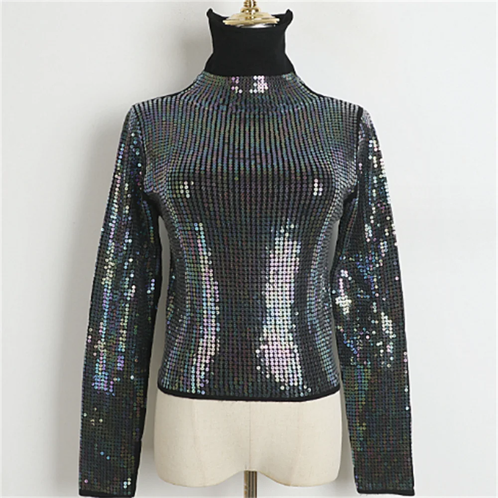 Sequined high-necked bottomed shirt autumn and winter new knitted women TOP