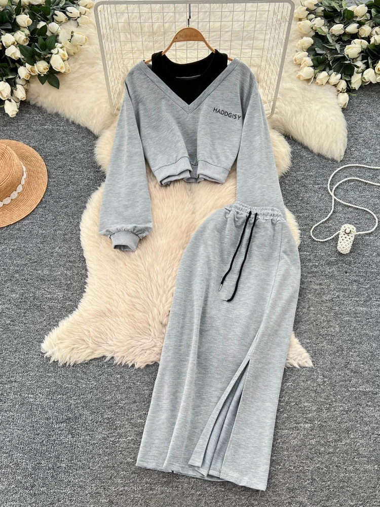 

Повседневный женский комплект с высокой талией и разрезом Long Sve, модный свитер с юбкой, костюм из двух предметов, осенняя одежда