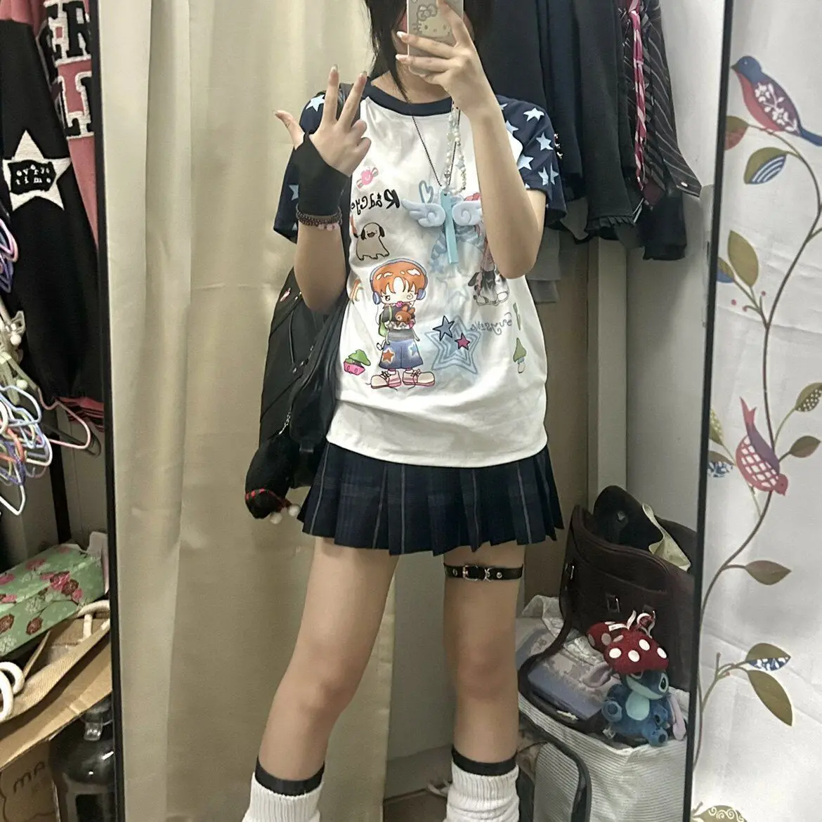 Y2k American Retro Star Color Blocked Cartoon Character Print Short Sleeved T-shirt Women Retro College Casual Top Ins
