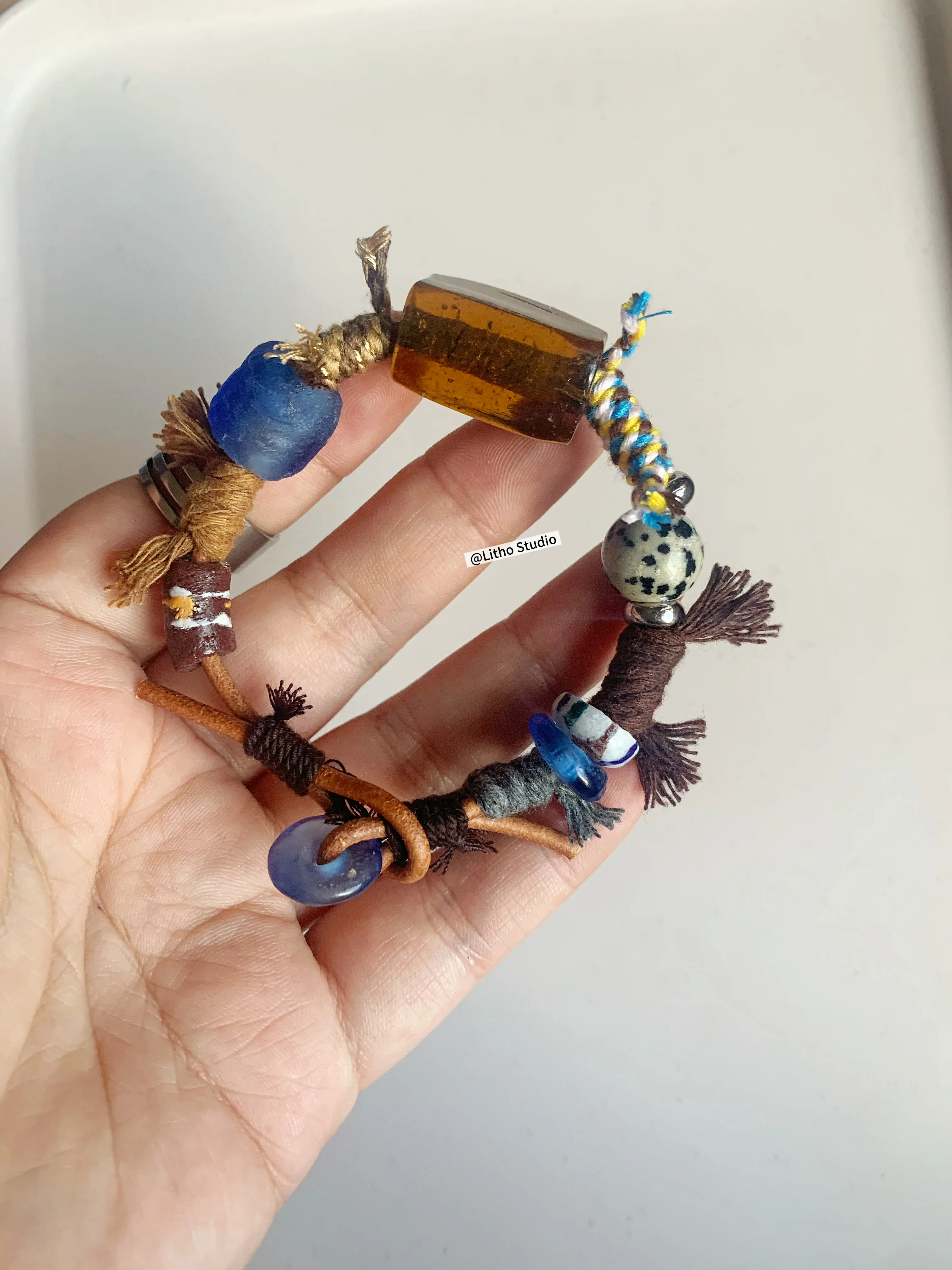 Boho Vintage Blue Brown Handmade Woven Bracelet African Glass Beads Natural Stone Tribal Jewelry Leather Wristband Fashion Gift