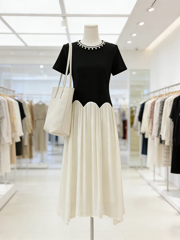 

Large Size Summer Dress 2026 Elegant Splice Slimming Long Single-Piece Korean Style Loose Fit round Neck Short Sleeve Dress