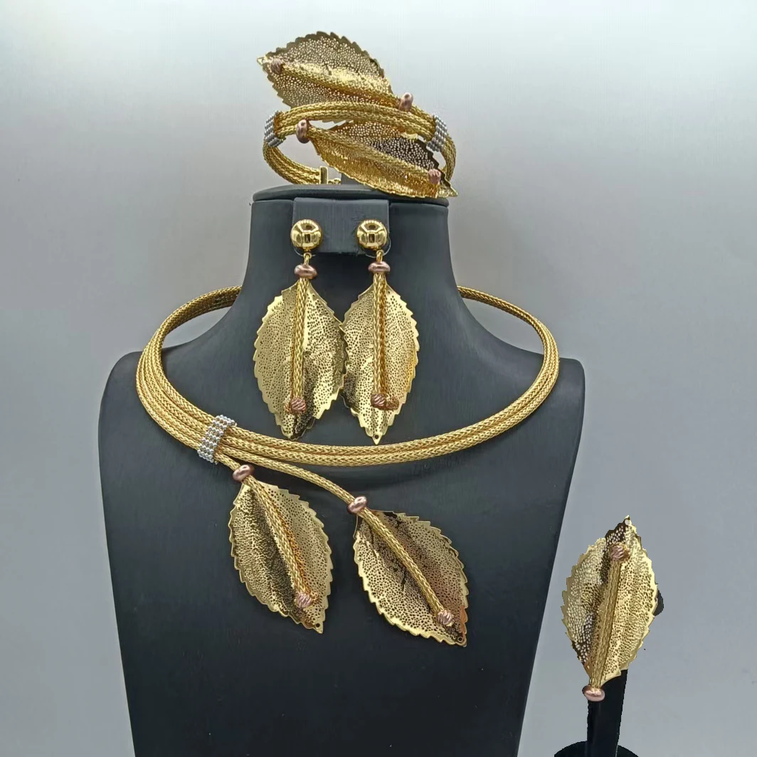 Special Three Tone Beads Leaves Shape Dubai Jewelry Set Trendy Necklace Bracelet Earrings Ring 4PC Jewellery for Wedding Party