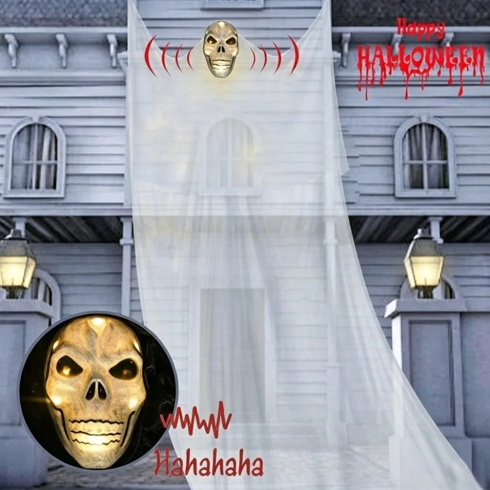 Décoration d'Halloween interactive flottante grande taille : Masque fantôme lumineux en forme de crâne effrayant à suspendre pour porte d'entrée