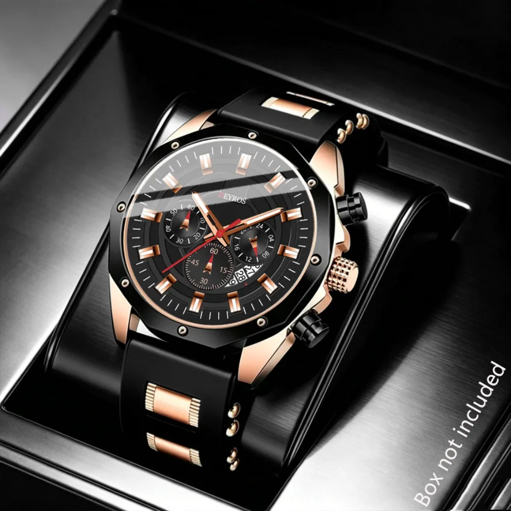 Luxury Blue Rose Golden Men's Watch, Silicone Band Date Sports Business Quartz Wristwatch Ideal Gift for Him