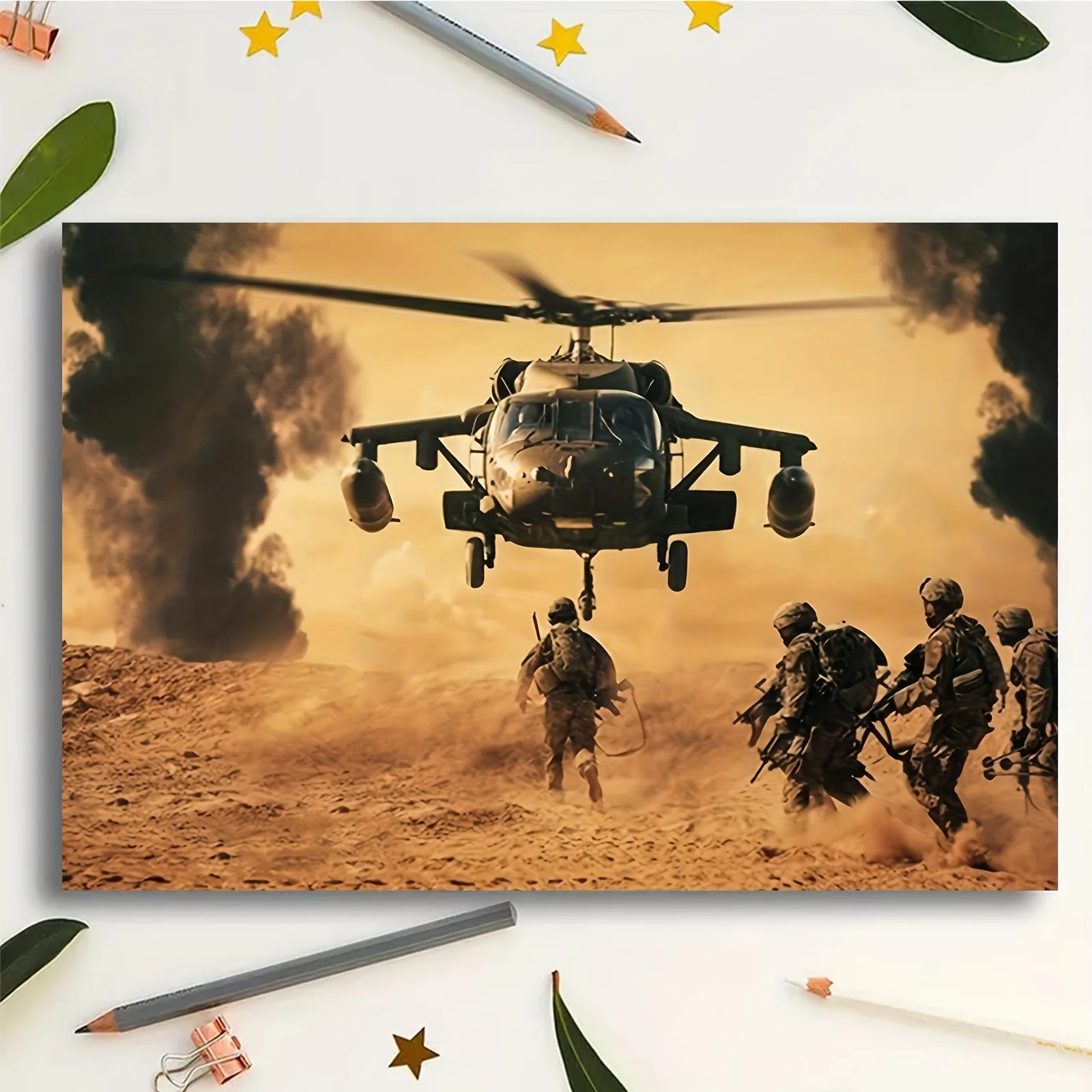 Military Helicopter Soldiers Desert Combat Scene Canvas 2D Flat Tapestry Backdrop For Man Cave Decor War Theme Wall Hanging