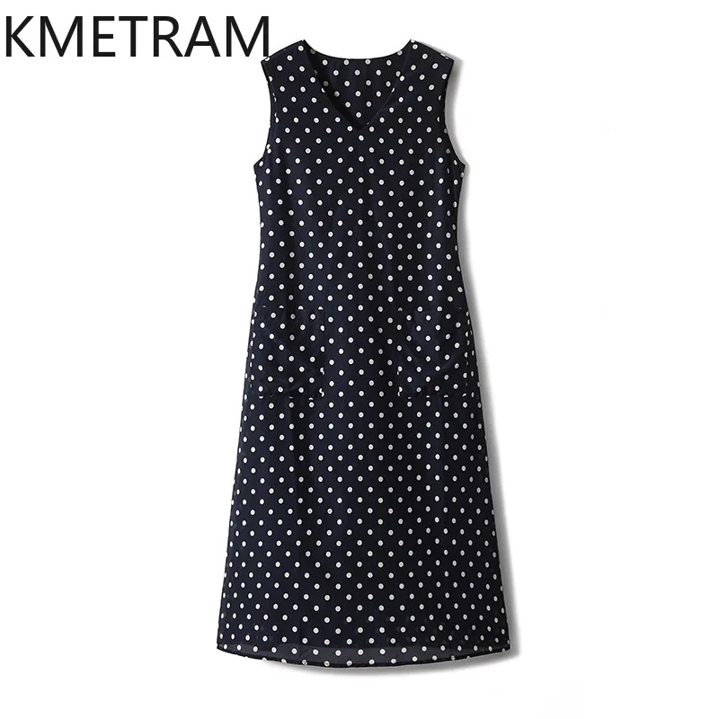 KMETRAM Real Silk Cotton Tank Dress Woman polk Dot Elegant Dresses for Woman Clothes Sleeveless Summer New in Dresses Robe Femme