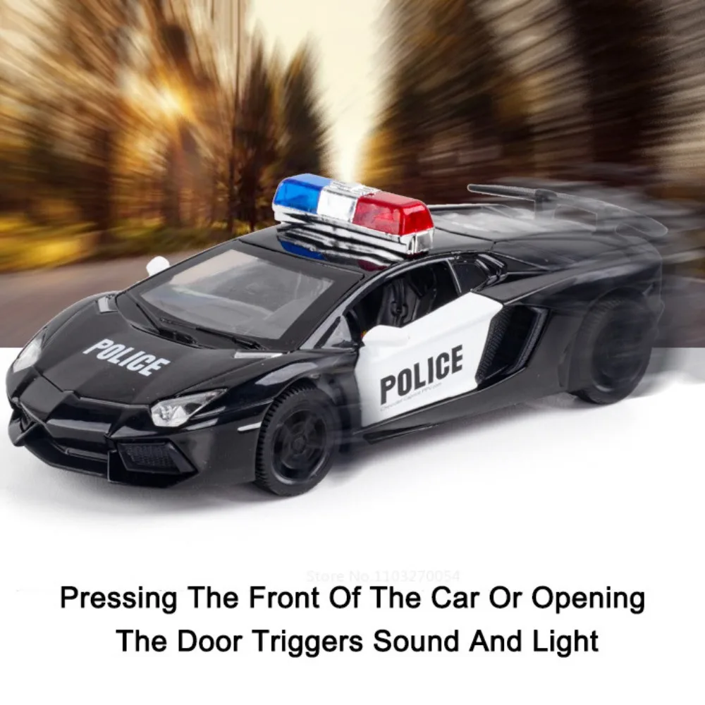 1/32 LP740 Car Model Toy Diecast Alloy Police Cars Sound Light Pull Back Door Can Opened High Simulation Toys Kids Festival Gift