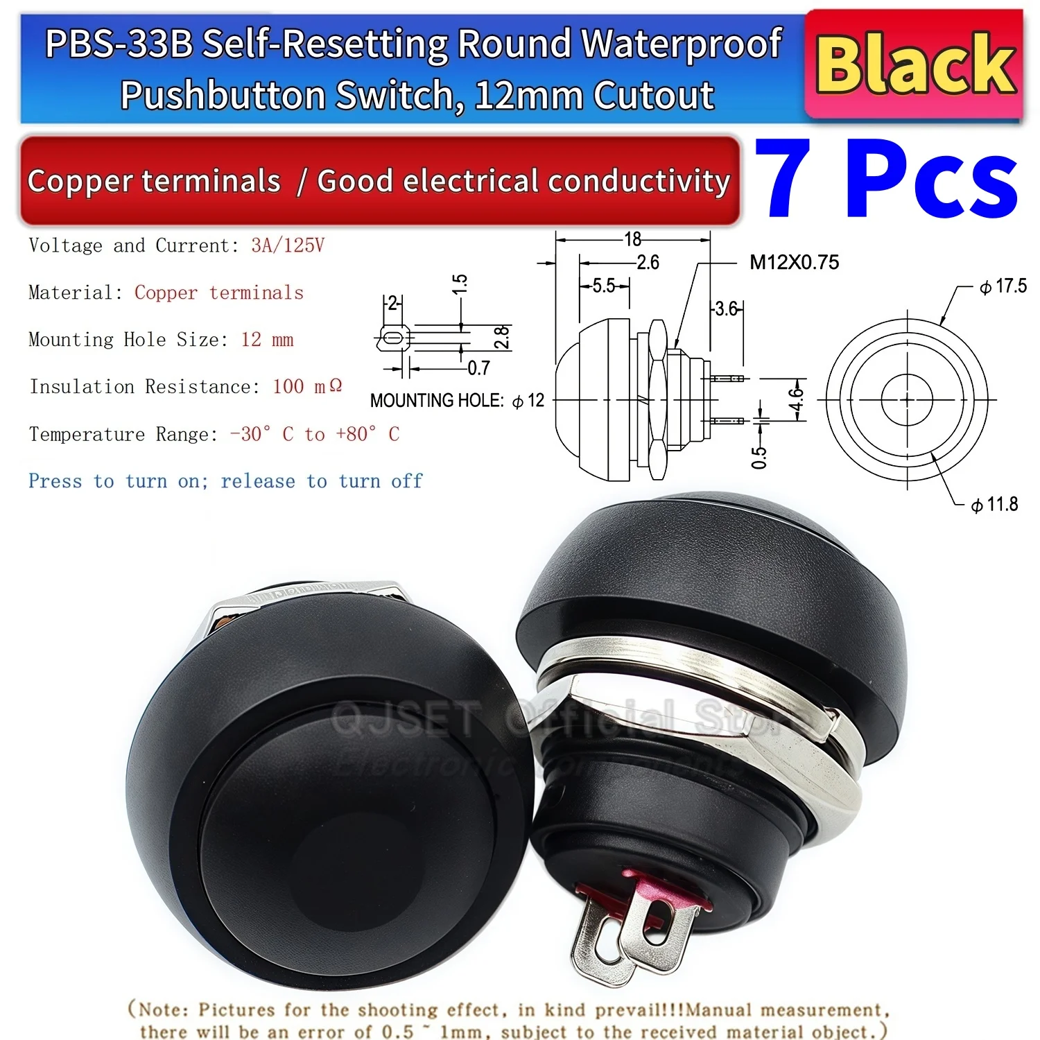 7-teiliges PBS-33B-Set, Mini-Druckknopf aus Kunststoff mit rundem Kopf, EIN/AUS-Tastschalter, 2-polig, 12 mm, wasserdicht, Power-Reset, nicht verriegelbar – Detail 8