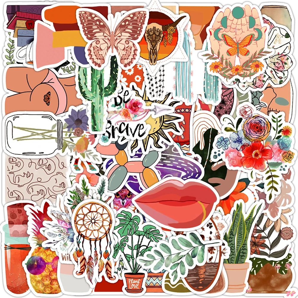 

10/30/50pcs Retro Bohemian Aesthetic Art Stickers Vintage Cartoon Pattern Decals Scrapbook Notebook Phone Graffiti Sticker Gift