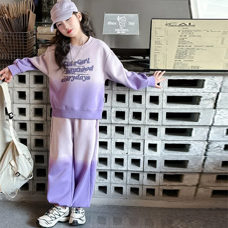 2026 Kids Gradient Clothes Set For Girl Letter Print Sweatshirt Pants 2pc Hip Hop Tracksuit Child Costume Streetwear Outfit Suit