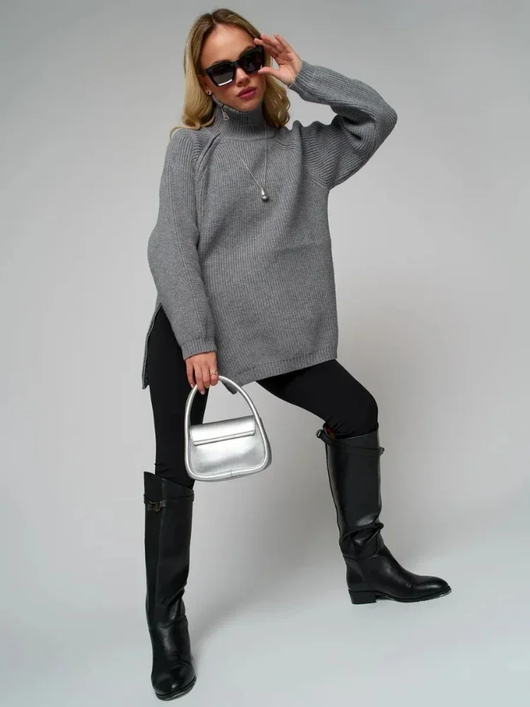 เสื้อไหมพรมคอเต่าผู้หญิงแบบหลวม ซิปคู่ รุ่นปี 2025 สำหรับฤดูใบไม้ร่วงและฤดูหนาว เสื้อสเวตเตอร์คอสูง ผ้าหนา อุ่นสบาย แบบมีซิป