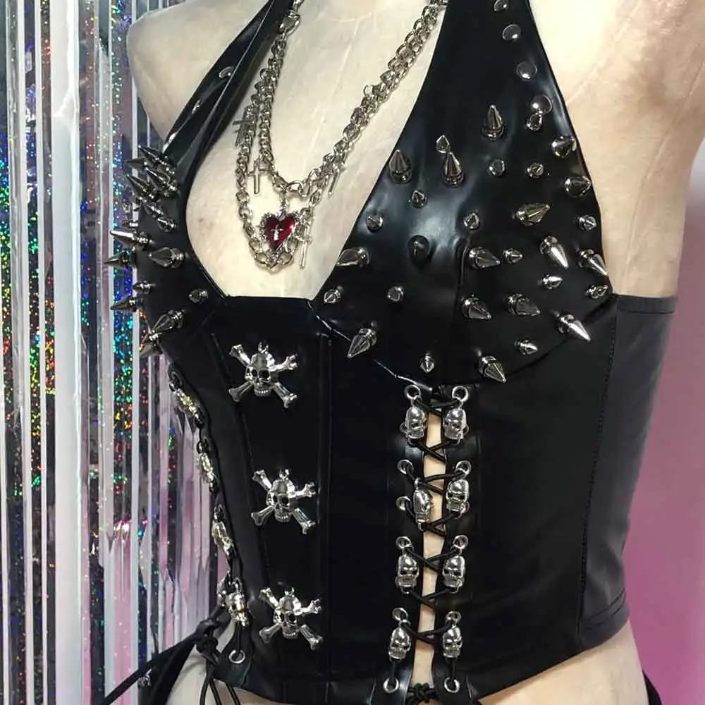 

Топы с заклепками в стиле панк-рок 90-х, ручной работы, для E-Girls, гранж, Y2K, кавай, готика, Харадзюку, эко-готика, топы-майки с черепами, эмо, DIY