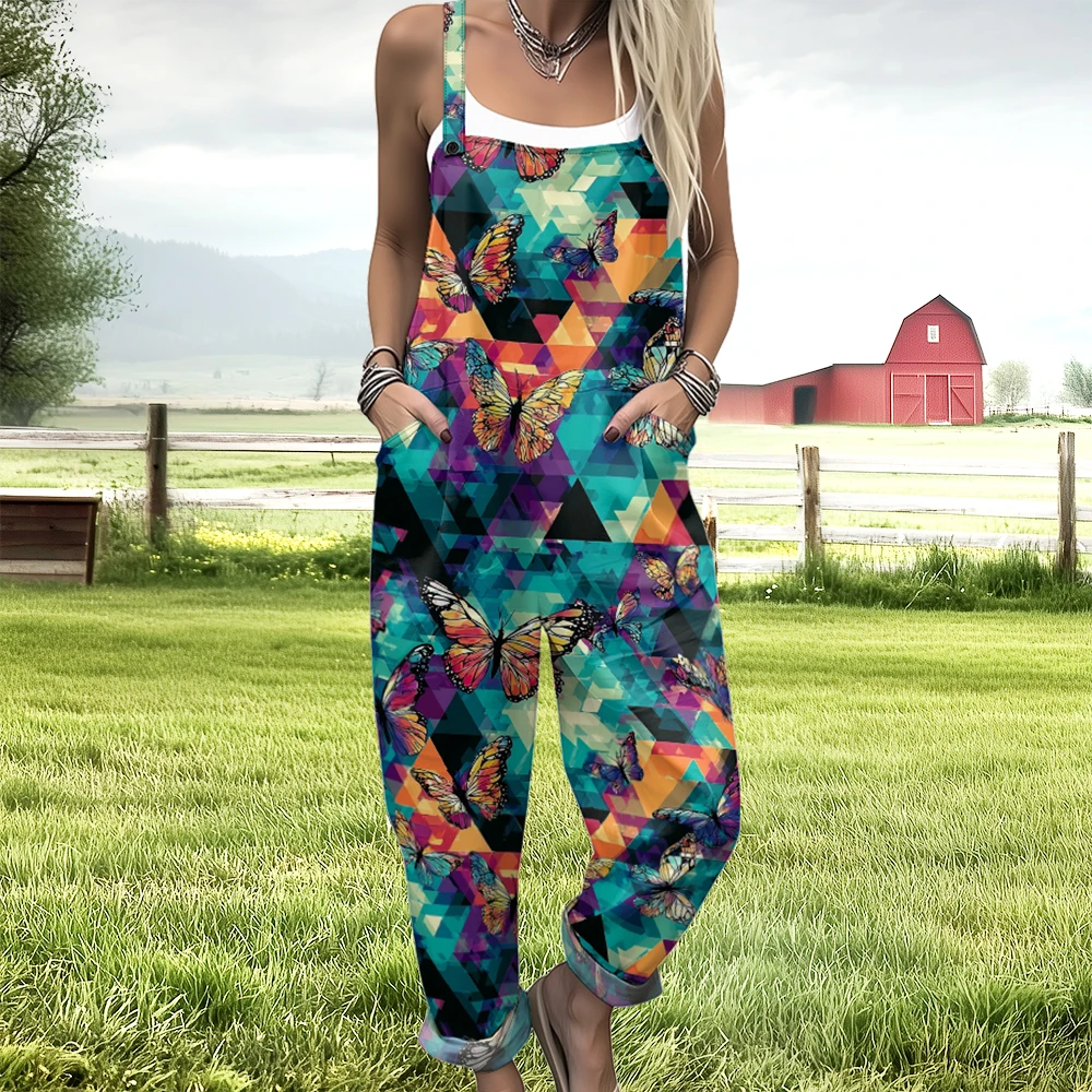 Damskie ogrodniczki w kwiaty z motylami, kombinezon bez rękawów w stylu boho z kieszeniami, fioletowo-różowe ogrodniczki z motywem dzikich kwiatów na letnie festiwale.