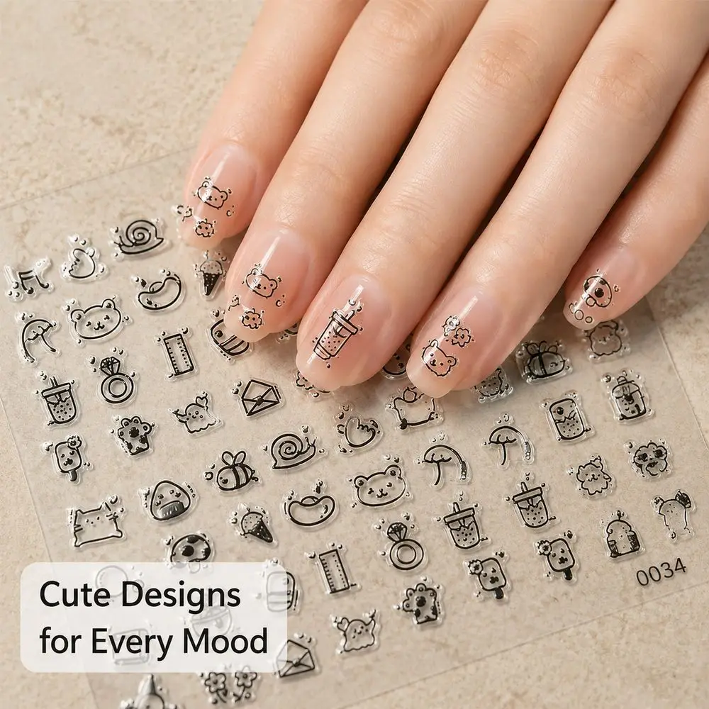 1Pc Hand‑Drawn Raised Nail Decals 5D Embossed Cat Bear Bee Snack Pattern Self‑Adhesive Stickers For Press‑On Nails DIY Making