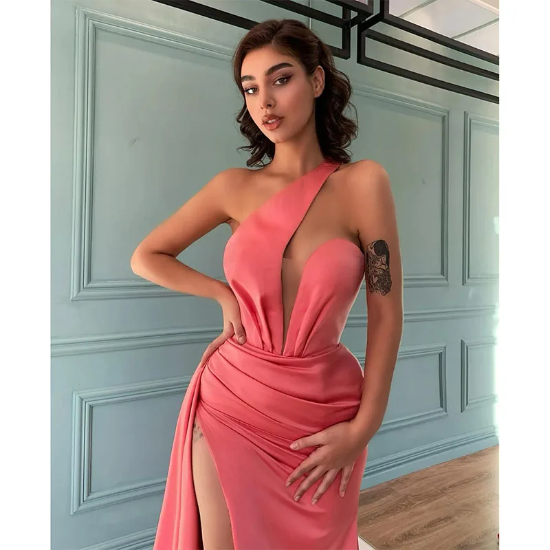 Fashion Coral Pink Prom Dresses V Neck Evening Gowns Slit Pleats Formal Red Carpet Long Special Occasion Party Dress