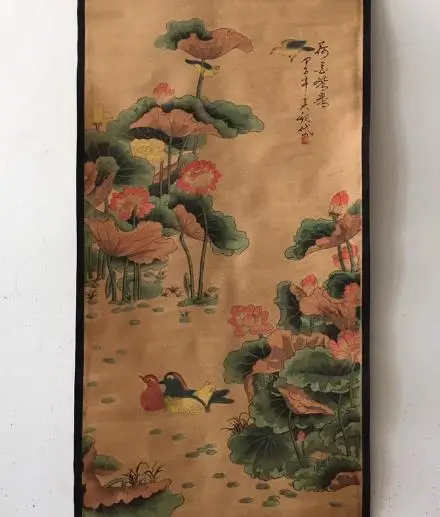 Antique Hand-painted Chinese Scroll painting,long axis of Lotus & Mandarin Duck,Home Decoration,best collection & adorn