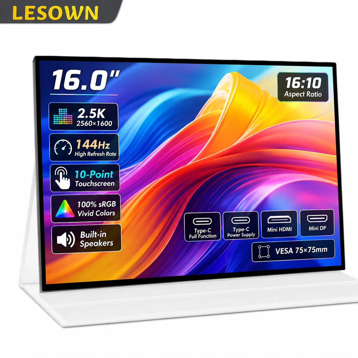 

LESOWN Glass Panel 16in Touchscreen 144Hz 2560x1600 Mobile Gaming Display with Speaker for Ayaneo Handheld PC