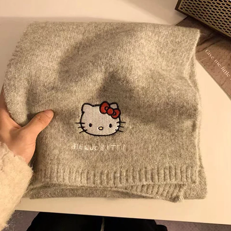 サンリオ ハローキティ ニットウールスカーフ 冬用 女性用 厚手 暖かい 日本製ウールスカーフ ウールスカーフ付き