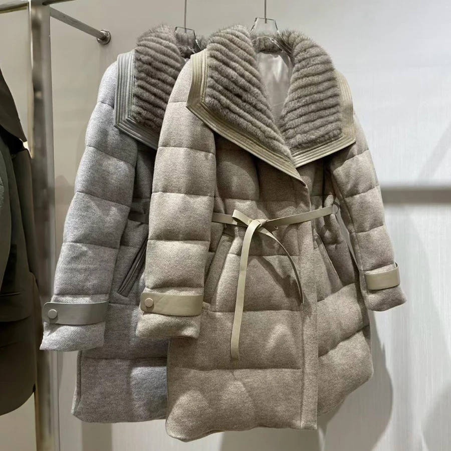 

Кашемировые шерстяные норковые пуховые пальто, длинная куртка-пуховик из натурального меха с меховым воротником, роскошное зимнее пуховое пальто для женщин