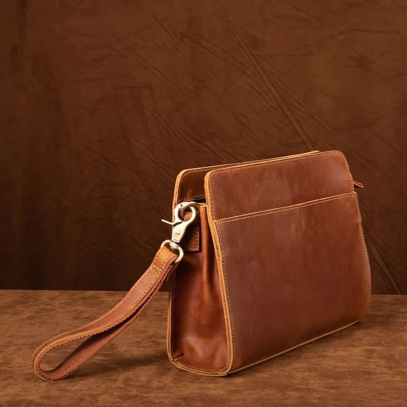 Genuine leather men's crazy horse leather crossbody bag, retro men's multi-functional business long clutch bag