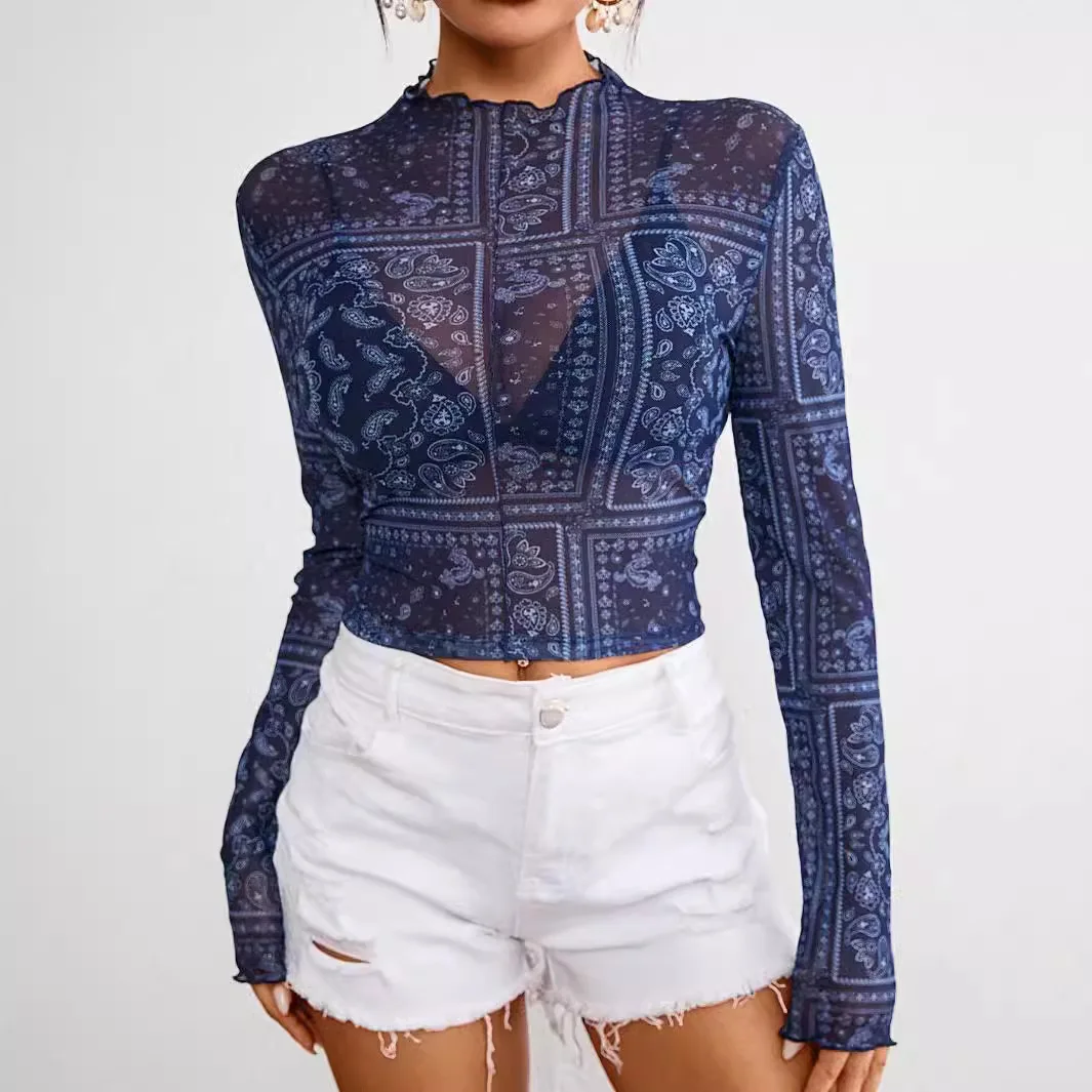 Spring 2026 New Elegant Women's Mesh Printing Stand-up Collar Long-sleeved Short T-shirt Top Women's Cw61848