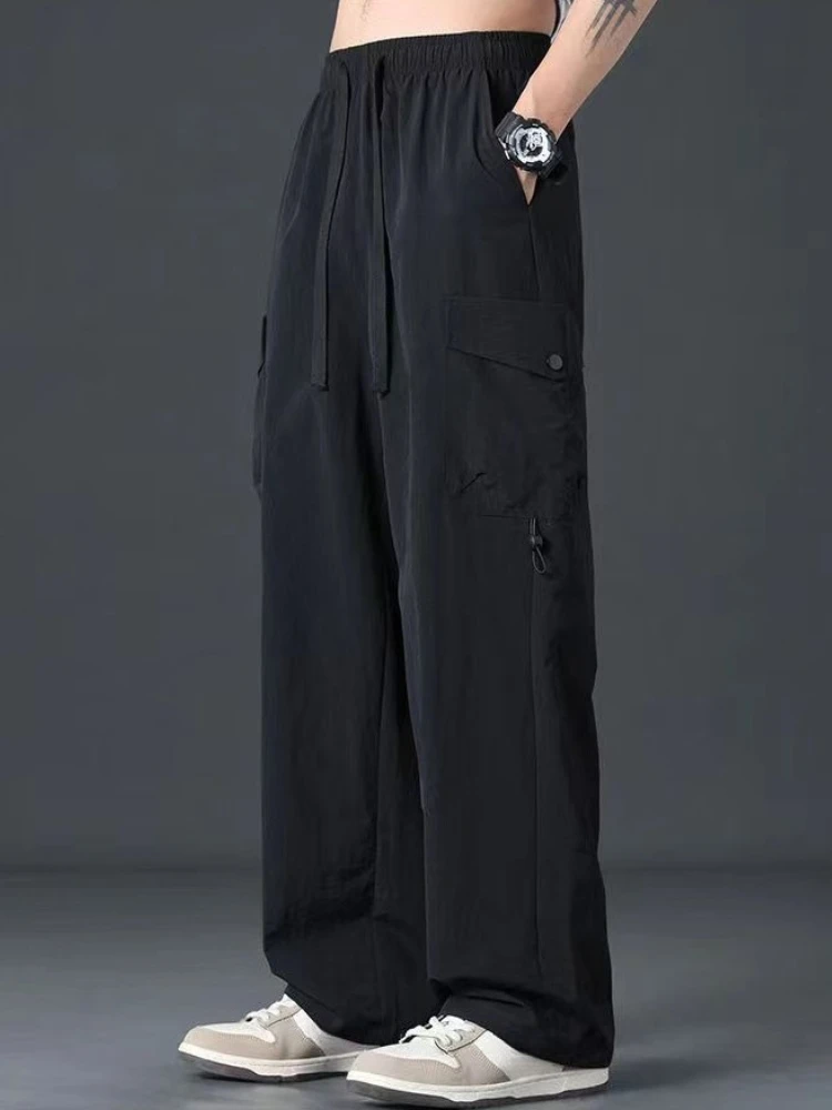 Oversize Spring Summer Straight Trousers Man Black Korean Style New In Aesthetic Cheap Slacks Nylon Street Cargo Pants for Men