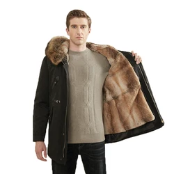 Winter Mens Outerwear Mens Fur Coat Detachable Real Fox Fur Collar Rabbit Fur Liner Hooded Parka Fashion High Quality