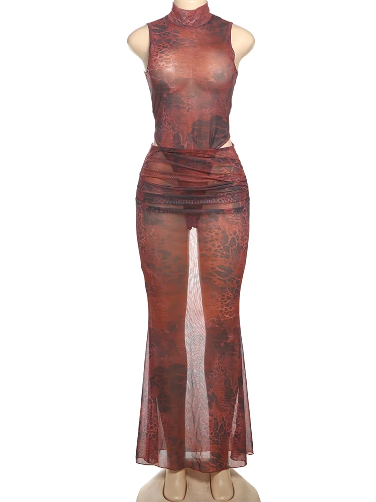 Weird Puss See Through Women 2 Piece Set 섹시한 Y2K 레오파드 프린트 민소매 바디 슈트 + 셔링 스커트 Midnight Vacation Clubwear