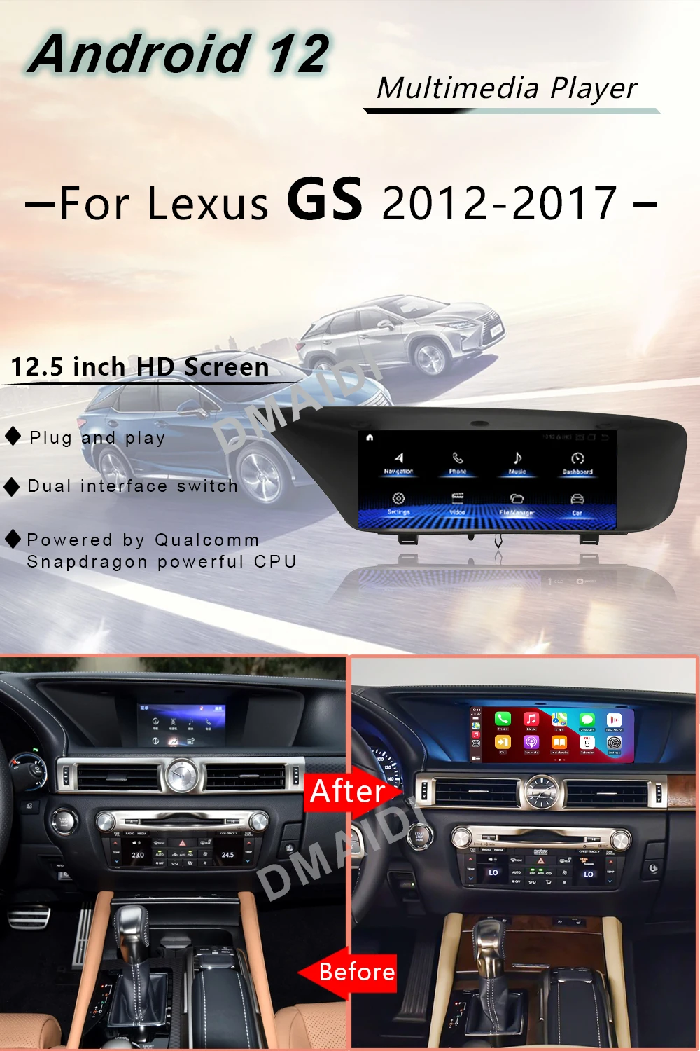 Qualcomm Android 13 GPS Navigation Multimedia Screen For Lexus GS 200 250 300 350 450 2012-2017 Car Radio CarPlay Auto Stereo 4G