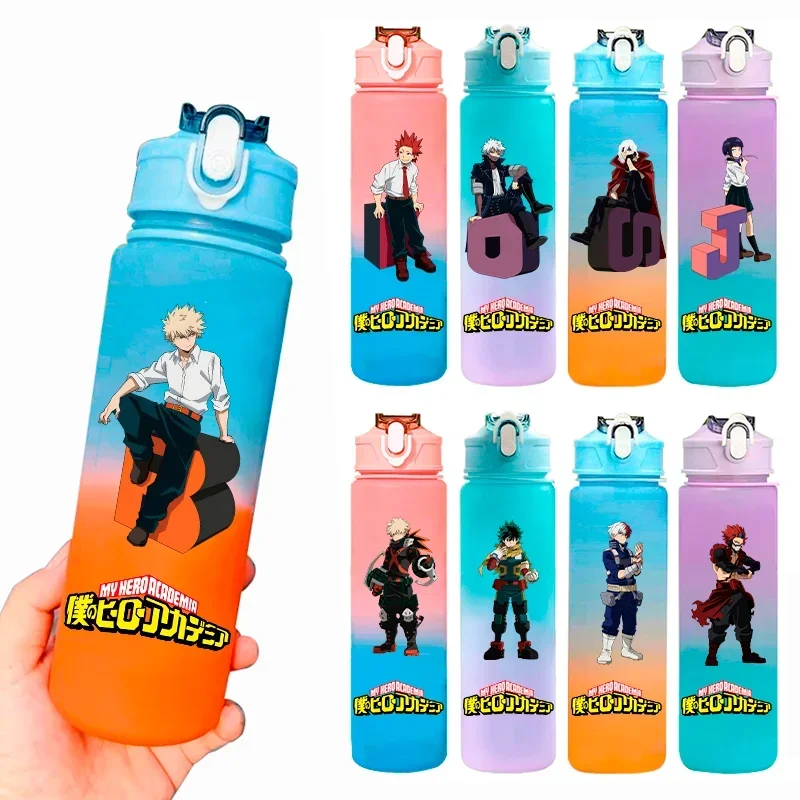 Botella de agua degradada de dibujos animados de My Hero Academia de 750 ml, botella de agua a prueba de fugas para viajes al aire libre y deportes, taza de agua portátil de plástico