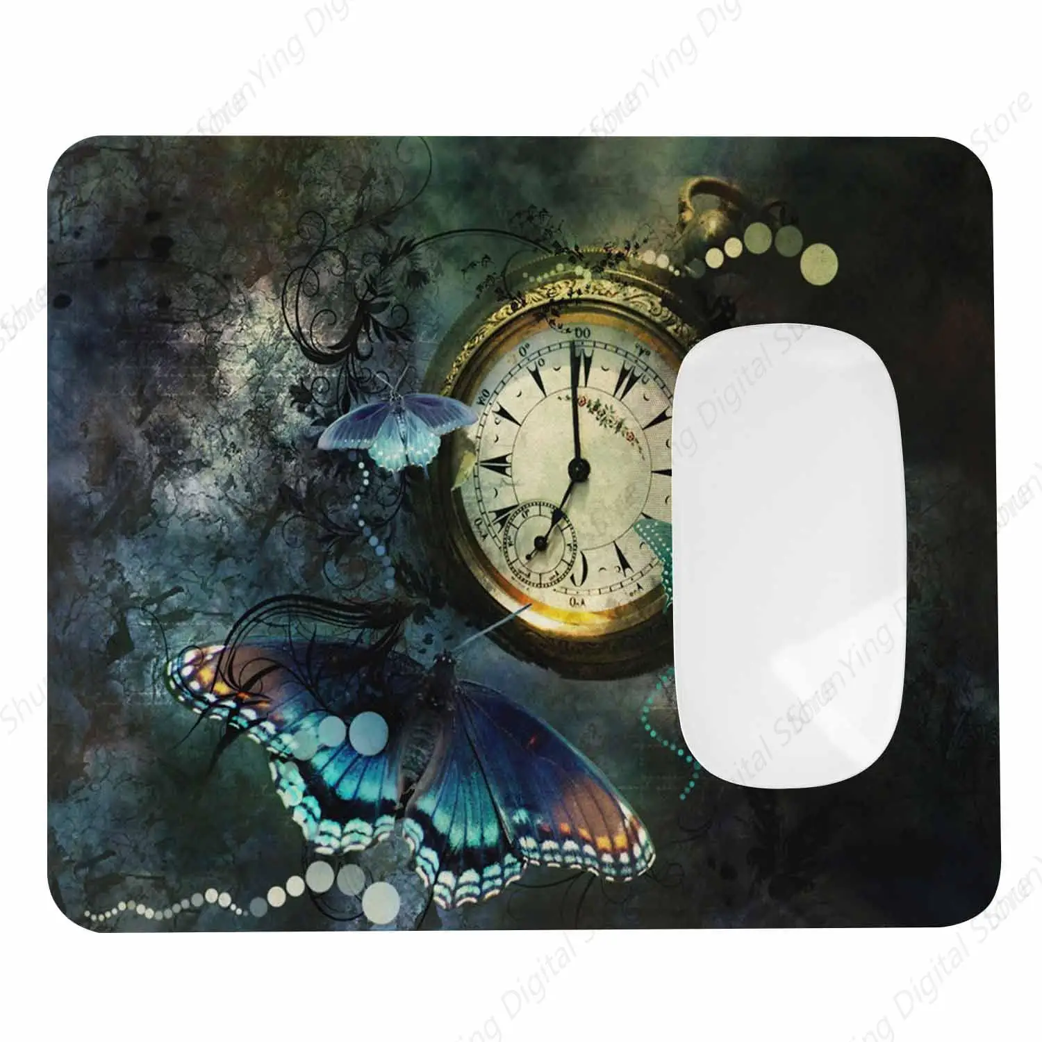 Retro Butterfly Gaming Mouse Pad และนาฬิกาพ็อกเก็ตแบบคงที่ Anti Slip Rubber Mouse Pad เหมาะสําหรับแล็ปท็อปสํานักงาน 25*30 ซม